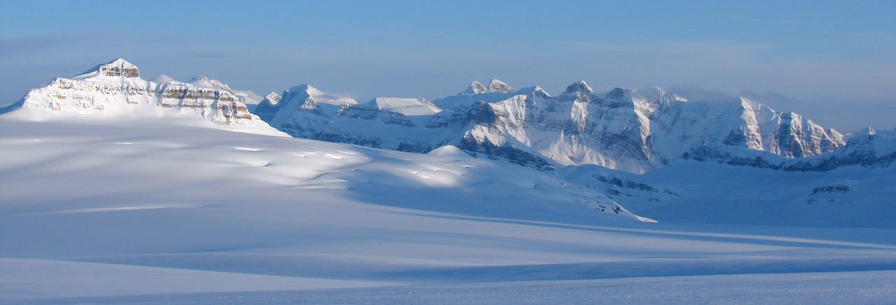 View from camp atop Columbia Icefield looking south, Castleguard Mountain at left