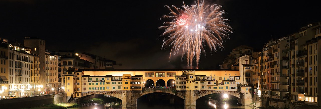 Fireworks over Ponte Vecchio in Florence, Italy